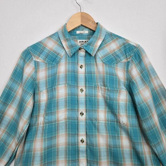 Ariat Real Billie Ray Shirt M Turquoise Plaid Button Down Relaxed Long Sleeve - Picture 2 of 14